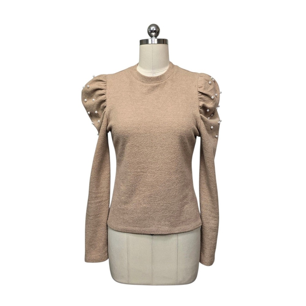 Pomander Place Tan Pearl Embellished Puff Shoulder Knit Top XS Camel Long Sleeve